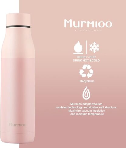 زجاجة مياه رياضية من Murmioo، قارورة مفرغة من الفولاذ المقاوم للصدأ باردة لمدة 24 ساعة، ساخنة لمدة 12 ساعة، معزولة، خالية من مادة BPA، مناسبة لركوب الدراجات، والتخييم، والمكتب، 22oz/650ml وردي in Saudi Arabia