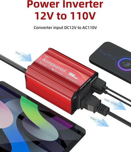 محول طاقة 150 واط تيار مستمر 12 فولت إلى 110 فولت محول شاحن سيارة مع منافذ USB مزدوجة ومنافذ تيار متردد لأجهزة الكمبيوتر المحمولة ذات ضاغط الهواء، وملحقات رحلات الطريق (أحمر) in Saudi Arabia