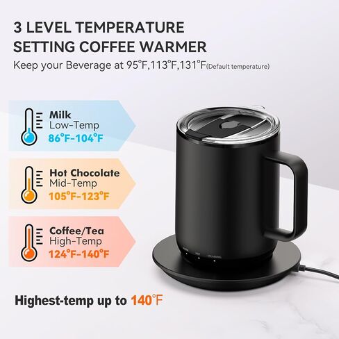 Temperature Control & Self-Heating Smart Coffee Mug with Lid, 3 Custom Heat Settings, Manual & App Control, 90 Min Battery Life - Hot up to 140℉ Fast Wireless Charger Base (Black - 14 oz) in Saudi Arabia