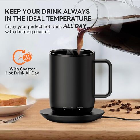 Temperature Control & Self-Heating Smart Coffee Mug with Lid, 3 Custom Heat Settings, Manual & App Control, 90 Min Battery Life - Hot up to 140℉ Fast Wireless Charger Base (Black - 14 oz) in Saudi Arabia