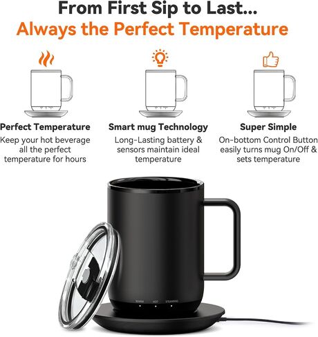 Temperature Control & Self-Heating Smart Coffee Mug with Lid, 3 Custom Heat Settings, Manual & App Control, 90 Min Battery Life - Hot up to 140℉ Fast Wireless Charger Base (Black - 14 oz) in Saudi Arabia