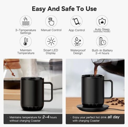 Temperature Control & Self-Heating Smart Coffee Mug with Lid, 3 Custom Heat Settings, Manual & App Control, 90 Min Battery Life - Hot up to 140℉ Fast Wireless Charger Base (Black - 14 oz) in Saudi Arabia