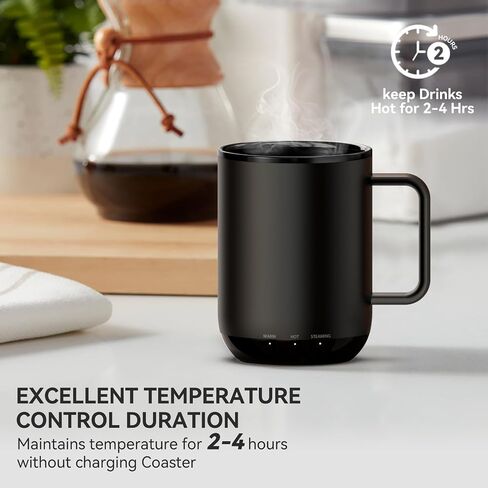Temperature Control & Self-Heating Smart Coffee Mug with Lid, 3 Custom Heat Settings, Manual & App Control, 90 Min Battery Life - Hot up to 140℉ Fast Wireless Charger Base (Black - 14 oz) in Saudi Arabia