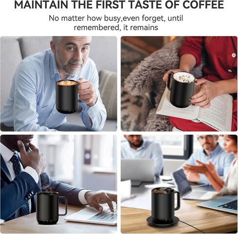 Temperature Control & Self-Heating Smart Coffee Mug with Lid, 3 Custom Heat Settings, Manual & App Control, 90 Min Battery Life - Hot up to 140℉ Fast Wireless Charger Base (Black - 14 oz) in Saudi Arabia
