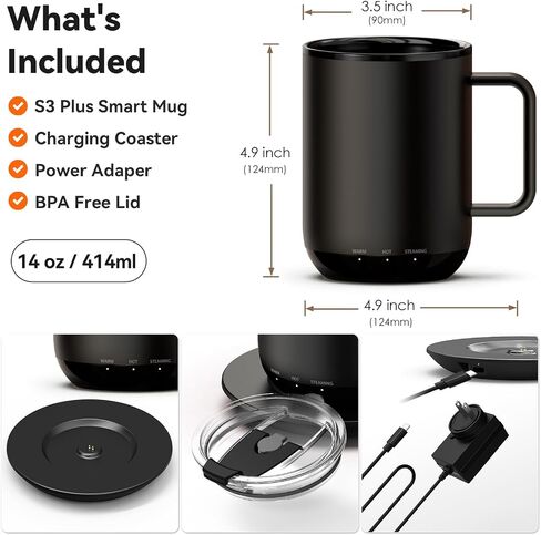 Temperature Control & Self-Heating Smart Coffee Mug with Lid, 3 Custom Heat Settings, Manual & App Control, 90 Min Battery Life - Hot up to 140℉ Fast Wireless Charger Base (Black - 14 oz) in Saudi Arabia