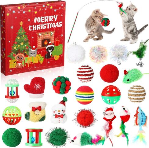 Cat Advent Calendar 2024, 24 Days Christmas Countdown Calendar for Kitten Assorted Cat Toys Interactive Wand Mice Santa Claus Ball Bells Catnip Toy Xmas Gifts for Kitten Cat Lovers in Saudi Arabia