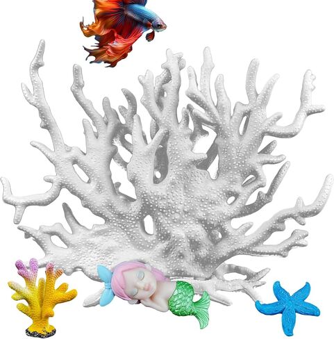 Aquarium Fish Tank Decorations Kit, Artificial Coral+Starfish+Mermaid+Plastic Coral, Betta Fish Tank Decor Ornament Landscape for Fresh in Saudi Arabia