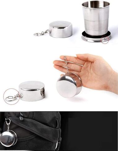 75ml Stainless Steel Portable Outdoor Travel Camping Folding Collapsible Cup Metal Telescopic Keychain Metal Cup Stackable for Hiking Drinking Survival Telescopic Mug (1 PCS) in Kuwait