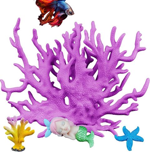 Aquarium Fish Tank Decorations Kit, Artificial Coral+Starfish+Mermaid+Plastic Coral, Betta Fish Tank Decor Ornament Landscape for Fresh in Saudi Arabia