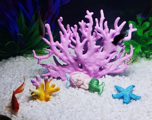 Aquarium Fish Tank Decorations Kit, Artificial Coral+Starfish+Mermaid+Plastic Coral, Betta Fish Tank Decor Ornament Landscape for Fresh in Saudi Arabia
