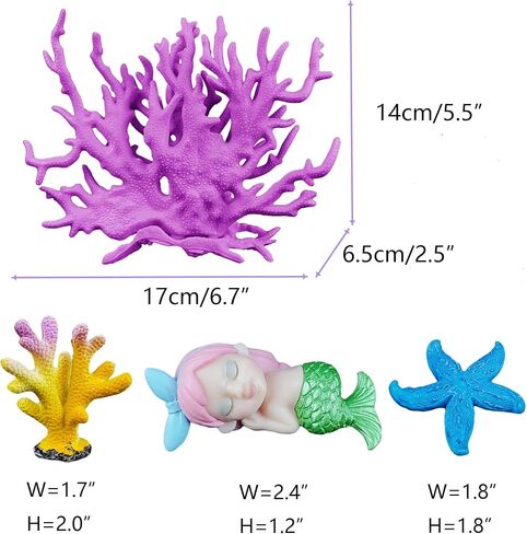 Aquarium Fish Tank Decorations Kit, Artificial Coral+Starfish+Mermaid+Plastic Coral, Betta Fish Tank Decor Ornament Landscape for Fresh in Saudi Arabia