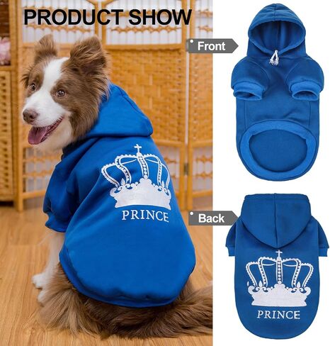 EXPAWLORER Prince Dog Hoodie للأولاد - سترة بغطاء رأس للكلاب مع فتحة للمقود، ملابس للكلاب للطقس البارد، سويت شيرت مع جيب، ملابس دافئة للحيوانات الأليفة، معاطف شتوية للكلاب XS-XXL in Kuwait