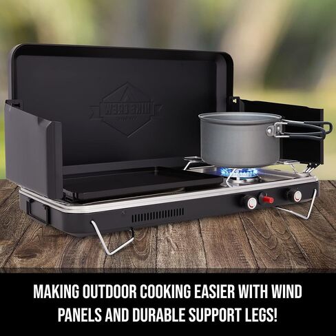 Hike Crew 2-in-1 Gas Camping Stove and Griddle, Portable Propane Burner w/Integrated Igniter & Stainless Drip Tray | Built-in Carrying Handle, Foldable Legs & Wind Panels | Includes Regulator in Saudi Arabia