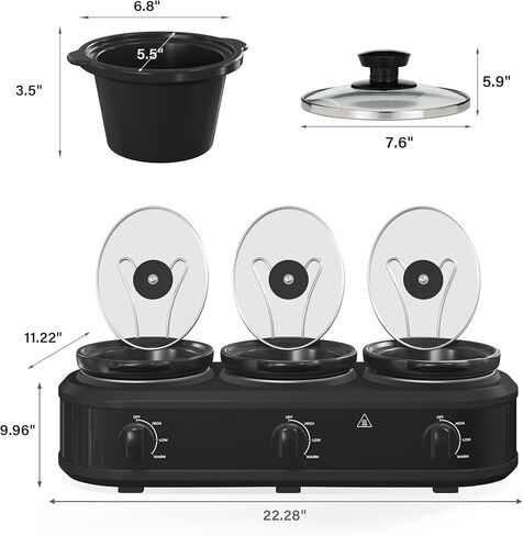 Double Slow Cooker Buffet Server and Warmers, Small Slow Cooker with 3 Individual Adjustable Temp, Dishwasher Safe Dual Ceramic Pots, Total 2.5 Quarts, Black in Saudi Arabia
