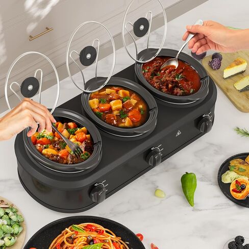 Double Slow Cooker Buffet Server and Warmers, Small Slow Cooker with 3 Individual Adjustable Temp, Dishwasher Safe Dual Ceramic Pots, Total 2.5 Quarts, Black in Saudi Arabia