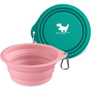 Rest-Eazzzy 2-Pack Silicone Collapsible Dog Bowls, BPA Free Dishwasher Safe, Portable Foldable Travel Bowl, Food Water Feeding Cup Dish for Dogs Cats with 2 Carabiners (Grey, Pink, 550 ML)