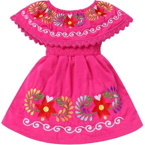 فستان IDOPIP للفتيات الصغيرات المكسيكي مطرز بالزهور بدون أكتاف فساتين صيفية مكشكشة لحفلات أعياد الميلاد للأطفال in Kuwait