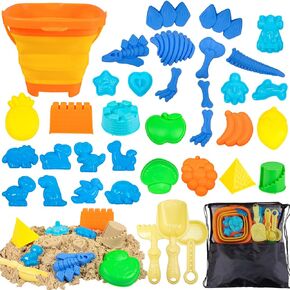 Maqiauly 66Pcs Beach Toys for Boys - Sand Dinosaur Set with Travel Bag Bucket Shovel for Kids Toddler Age 3-5