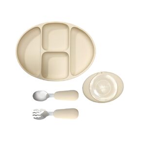 Divided Food Feeding Bowl Silicone Baby Dishes Kid Dinner Suction Baby Silicone Tableware Plate Bowl Spoon Fork Set BPA Free Non Toxic Eco Friendly (Beige)