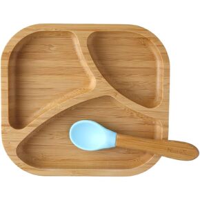 Nouribite Bamboo Suction Square Divided Plate and Spoon Set for Baby/Toddler, 6 months+ (Aqua)