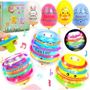 4 Pack Easter Egg Light Up Spinning Singing Tops with Flash, Easter Basket Stuffers, Easter Gifts for Kids Boys Girls, Easter Eggs Toys Goodie Bag Prize Party Favor