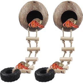 naneezoo 2 حزمة الناسك سرطان البحر جوز الهند قشر كوخ الفهد أبو بريص مخبأ مع سلم الزواحف كهف الموائل مع حلقة معلقة وكوب الشفط، ديكور Terrarium لسرطان الناسك، سحلية، أبو بريص in Kuwait