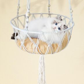 أرجوحة قطط من Macrame، سرير قطط بوهو معلق منسوج يدويًا مع مجموعة تعليق للديكور المنزلي الداخلي والخارجي، سرير معلق للقطط للعب والتسلق والنوم والتسكع (15.74 × 15.74 × 47.24 بوصة)
