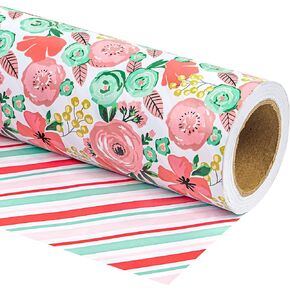 WRAPAHOLIC Reversible Wrapping Paper - Mini Roll - 17 Inch X 33 Feet - Peach Pink Floral Design for Birthday, Mother's Day, Wedding, Baby Shower