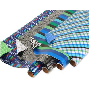 American Greetings Reversible Birthday Wrapping Paper, Plaid and Stripes (4 Rolls, 120 sq. ft)