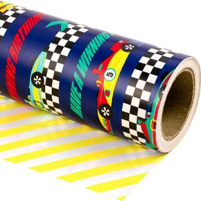 WRAPAHOLIC Reversible Wrapping Paper - Mini Roll - 17 Inch X 33 Feet - Racing Cars and Yellow Stripes Design Design for Birthday, Holiday, Baby Shower