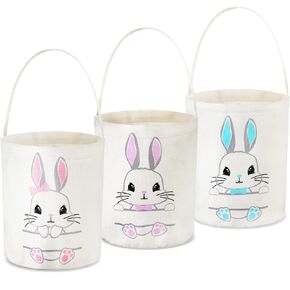 3 Pack Cute Bunny Easter Basket for Girls Boys Kids, Personalized Easter Basket Large, Custom Easter Egg Hunt Basket with Handle, Canvas Rabbit Bags Buckets for Party Gifts
