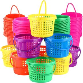 100 Pcs Plastic Easter Baskets Bulk Mini Colorful Easter Baskets with Handles Round Easter Basket for Easter Party Egg Hunts Small Easter Bucket for Easter Eggs Party Favor for Kids Baby Toddler