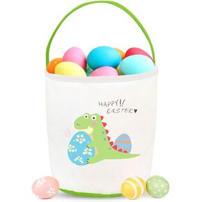 Easter Basket Empty for Kids Canvas Tote, Easter Dinosaur Holding Eggs Hunt Basket with Handle for Gifts Toys Carrying, Cute Design Cotton Basket Perfect for Easter Party Supplies