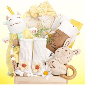 Baby Girl Gifts, for Girls,Baby Girl Newborn Essentials-Unique Baby Girl Gifts,Wooden Baby Gift Basket Swaddle Blanket Rattle Toy Headband Bow Infant