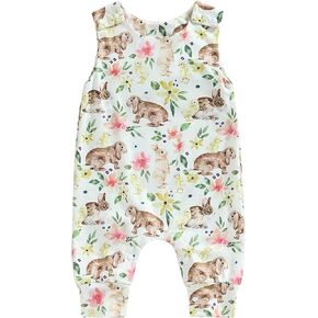 KMBANGI Baby Girl Boy Easter Jumpsuit Sleeveless Floral Rabbit Print Romper Playsuit Summer One Piece Outfit Overall