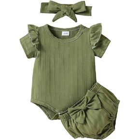 MERSARIPHY 3PCS Infant Baby Girl Summer Clothes Set Newborn Ruffle Ribbed Romper Solid Color Bodysuit Shorts Headband Outfits