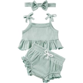 الوليد الطفل بنات ملابس الصيف الرضع لطيف مجموعة تي شيرتات قصيرة للأطفال طفل الفتيات كشكش الأعلى السراويل عقال 3 قطعة الملابس مجموعة 0-24 متر in Kuwait