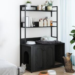 Cat Litter Box Enclosure Furniture, Hidden Litter Box with Scratch Pad Wooden Cat Washroom Storage with 2 Doors and Shelf Cat Cabinet-Black