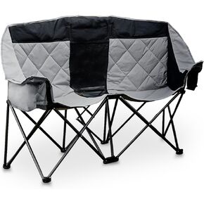 GRETERST Double Camping Chairs Folding Portable Love Seat Lawn Outdoor Chairs for Two Persons with Padded Seat and Pockets Heavy Duty for Adults, Black&gray