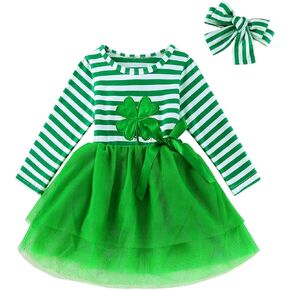 Little Girls St Patrick's Day Dress Green Lucky Clover Outfit Tutu Dresses with Headband