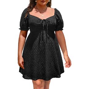 Pinup Fashion Plus Size Casual Eyelet Puff Sleeve Short Summer Sundress A Line Babydoll Cute Mini Dress