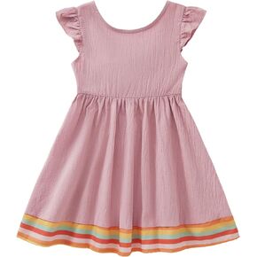 فستان بناتي للأطفال الصغار فستان صيفي من الكتان مكشكش بدون أكمام فستان صيفي غير رسمي بعقدة على شكل فيونكة فساتين حفلات الشاطئ للفتيات الصغيرات من سن 1 إلى 5 سنوات in Kuwait