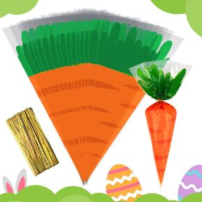 100pcs Easter Carrot Cone Cellophane Bags, Creative Carrot Shape Treat Bags Easter Candy Bags Triangle Cello Bags Orange Carrot Bags with Twist Ties for Easter Party Favor