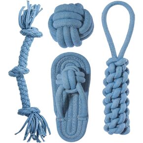 Pet Rope Toy, Dogs Aggressive Chewers Rope Toy for Small to Large Dogs, Puppy Teething Chew Pull Toy, Denim + Cotton, Tug of War Toys for Dogs, Dog Gifts (4 Pcs Set)
