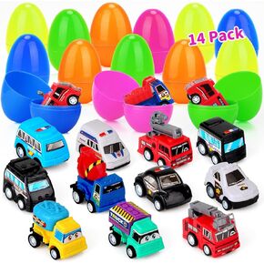Opawel Easter Eggs Prefilled with Pull Back Car Toys, 14 Pcs Easter Eggs with Toys Inside for Kids Easter Egg Hunt, Colorful Toy Easter Egg Fillers for Kids Easter Basket Stuffers Easter Party Favors
