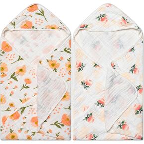 Zainpe 2Pcs Muslin Baby Hooded Towel Flowers Pattern Soft Cotton Absorbent Bath Towel Blanket Set for Infant Shower Gifts Newborn Essential Toddler Boys Girls 31.5 X 31.5 in