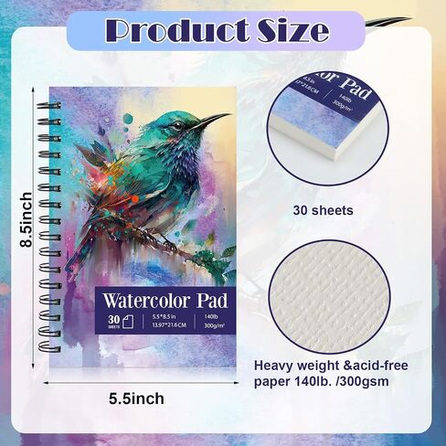 Jetec 12 Pcs 5.5 x 8.5 Inch Watercolor Paper Pad 140lb 300gsm Watercolor Pad Art Supply Acid Free Paper 30 Sheets Each Spiral Bound for Paint Pencil Ink Charcoal Pastel Acrylic Wet Dry Media Artist in Saudi Arabia