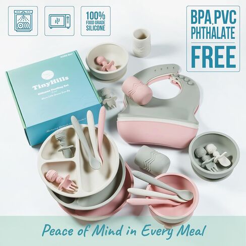 Silicone Baby Feeding Set, Baby Led Weaning Supplies - Suction Plate and Bowl, Self Feeding Spoon and Fork, 2 Bendable Spoons, Tiny Cup, Bib, First Stage Eating Utensils, Baby Dishes in Saudi Arabia