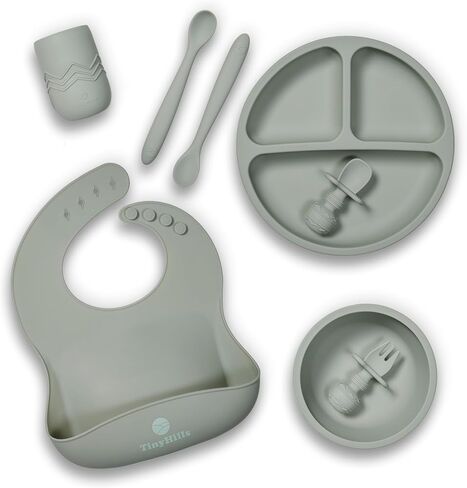 Silicone Baby Feeding Set, Baby Led Weaning Supplies - Suction Plate and Bowl, Self Feeding Spoon and Fork, 2 Bendable Spoons, Tiny Cup, Bib, First Stage Eating Utensils, Baby Dishes in Saudi Arabia
