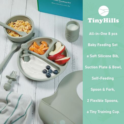 Silicone Baby Feeding Set, Baby Led Weaning Supplies - Suction Plate and Bowl, Self Feeding Spoon and Fork, 2 Bendable Spoons, Tiny Cup, Bib, First Stage Eating Utensils, Baby Dishes in Saudi Arabia
